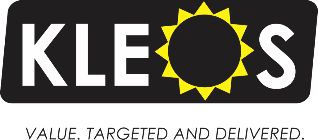 Kleos Logo coloured with tagline (reverse)